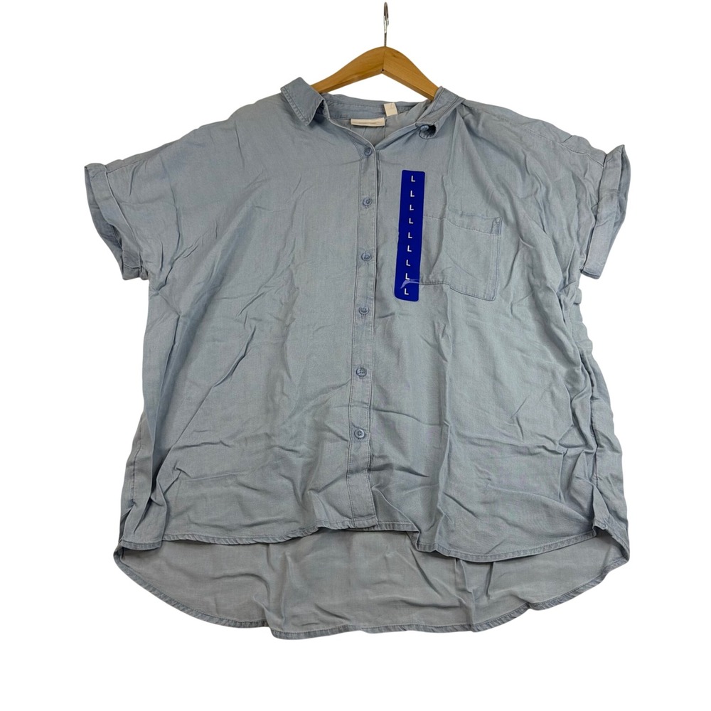 Ecothreads Womens Short Sleeve Button Down Shirt Light Blue Chambray Large New